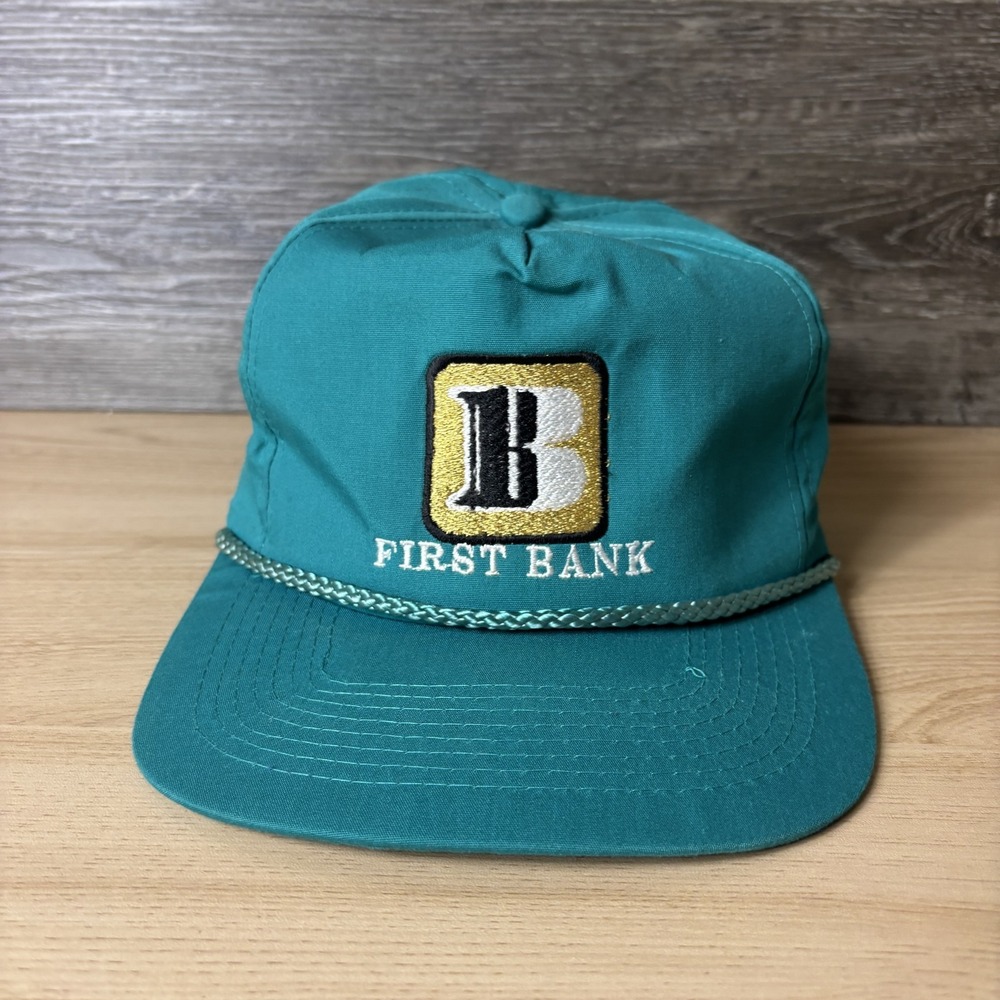 Vintage First Bank Hat Cap Strap Back Teal Embroidered Patch Mens Promo 90s